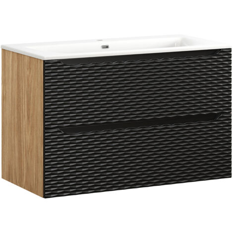 Waschtisch 90cm in Eiche mit schwarz, OLUO-56-BLACK, Front mit 3D-Struktur in Wellenoptik