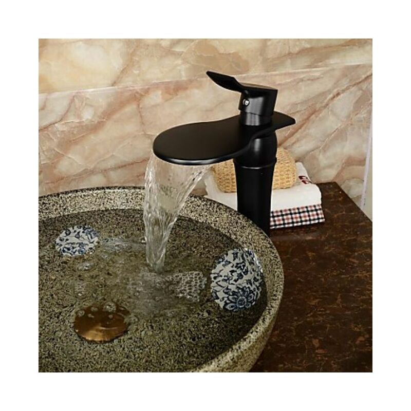 Waschtisch-Armatur Wasserfall Schwarz, mit breitem Auslauf, Glänzende