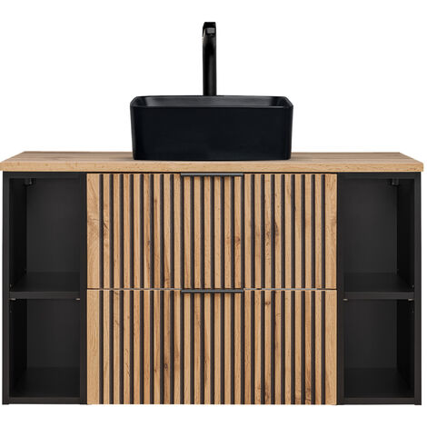 Waschtisch Kombination 100 cm Unterschrank mit Regalen, Aufsatzwaschbecken schwarz matt XANTEN-56 in anthrazit mit Eiche Nb. schwarz gerillt, B/H/T: ca. 100,6/72,2/46,5 cm