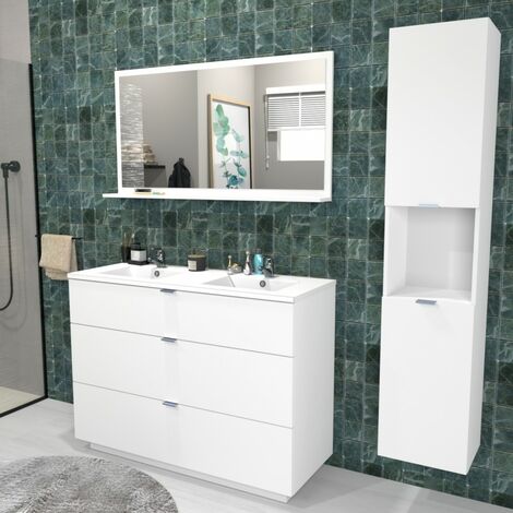 Waschtisch MARBELLA 120 cm + Waschbecken + Spiegel + Säule / Weiss/