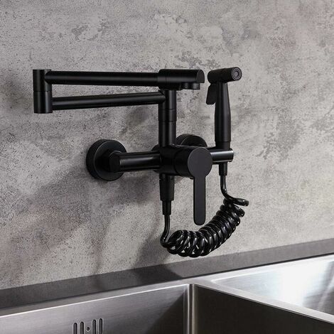 Waschtisch-Mischbatterie, Schwarz, Küchenspüle, Wasserhahn mit Sprüher, moderner Einhand-Ziehhahn zur Wandmontage, mit Schwenkarm aus mattschwarzem, massivem Messing