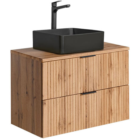Waschtisch mit 80 cm Unterschrank Set Wotaneiche gerillt ADELAIDE-56 Keramik-Waschbecken schwarz, B/H/T 80,6/72,2/46,5 cm