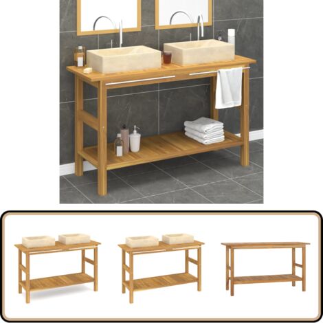 Waschtisch mit Creme Marmorbecken Massivholz Teak - Teakholzmöbel - Marmorwaschbecken - Badezimmermöbel - Waschtischunterschrank - Doppelwaschbecken