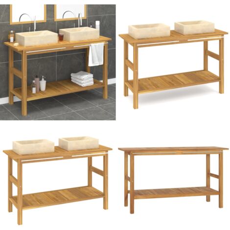 Waschtisch mit Creme Marmorbecken Massivholz Teak - Teakholzmöbel - Marmorwaschbecken - Badezimmermöbel - Waschtischunterschrank - Doppelwaschbecken - Home & Living