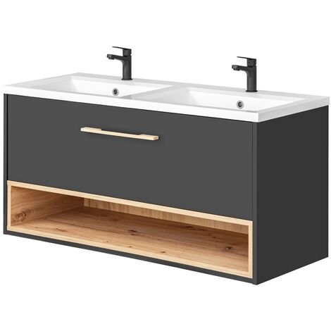 Waschtisch mit Doppelwaschbecken BOLOGNA-56 in anthrazit mit Artisan Eiche Nb., B/H/T: ca. 121/61/46 cm