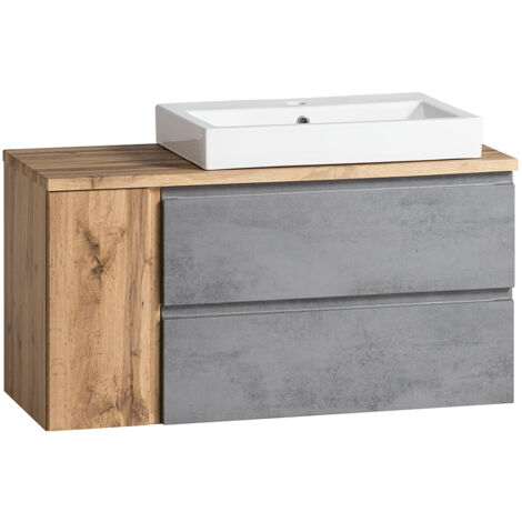Waschtisch mit Keramik-Aufsatzbecken rechts VASTO-03-CONCRETE in Wotan Eiche Nb. mit Beton Optik, B/H/T ca. 105/65,5/47 cm