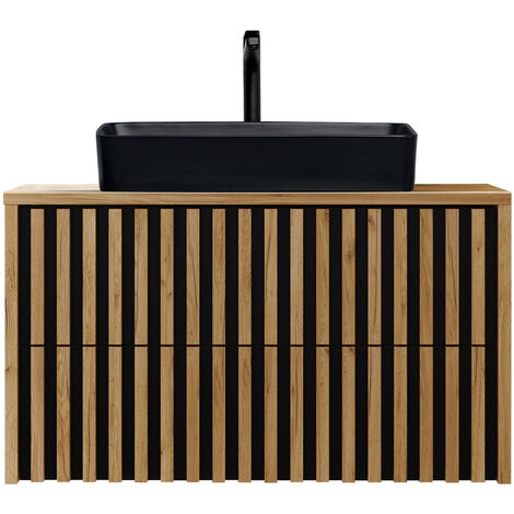 Waschtisch mit Unterschrank 100 cm und Keramik Waschbecken LUCCA-107 in Eiche Nb. mit Lamellenfront, B/H/T: ca. 100,4/73,5/45,5 cm