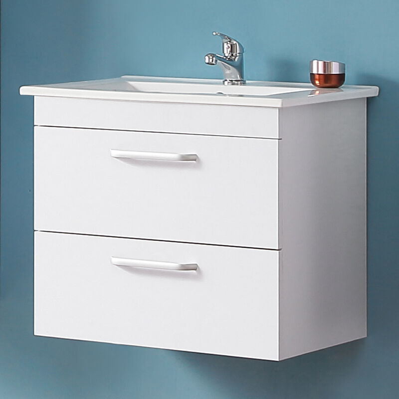 Waschtisch mit Unterschrank 60 cm Hängeschrank Badmöbel Set Weiß Keramikbecken 2x Schubladen  - Onlineshop ManoMano