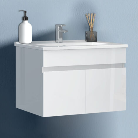 Waschtisch mit Unterschrank 60cm Badmöbel Set mit Waschbecken Keramik dünn Gäste WC Hochglänzend Weiß