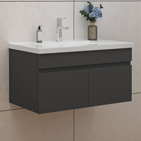 Waschtisch mit Unterschrank 80cm Badmöbel Set mit Waschbecken Keramik Anthrazit Matt