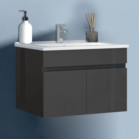 Waschtisch mit Unterschrank Soft-Close 60cm Badmöbel Set mit Waschbecken Keramik dünn Gäste WC Hochglänzend Anthrazit