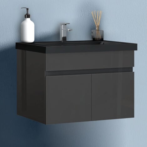 Waschtisch mit Unterschrank Soft-Close 60cm Badmöbel Set mit Waschbecken Schwarz Mineralguss Gäste WC Hochglänzend Anthrazit
