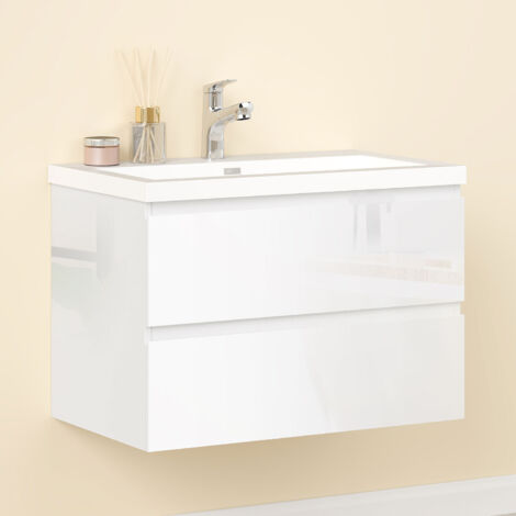 Waschtisch mit Unterschrank Weiß Waschbecken Badmöbel Set UV-geölt 80cm Weiß Unterschrank