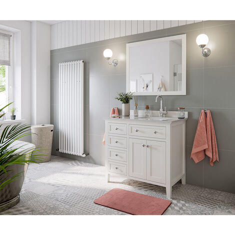 Waschtisch Set Landhaus Design Massivholz in weiß lackiert EVERETT-02 mit Waschbecken rechts, B/H/T: ca. 99/200/56 cm - weiß