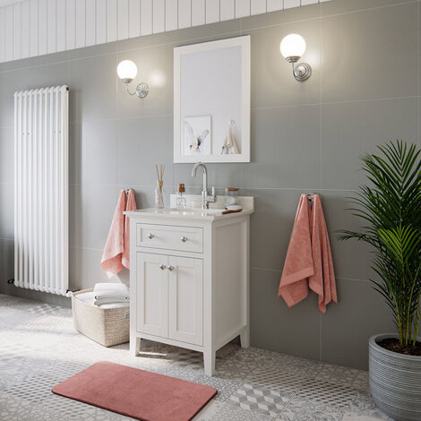 Waschtisch Set Landhausstil EVERETT-02 Massivholz in weiß lackiert mit Spiegel und Waschbecken, B/H/T: ca. 61/200/56 cm - weiß