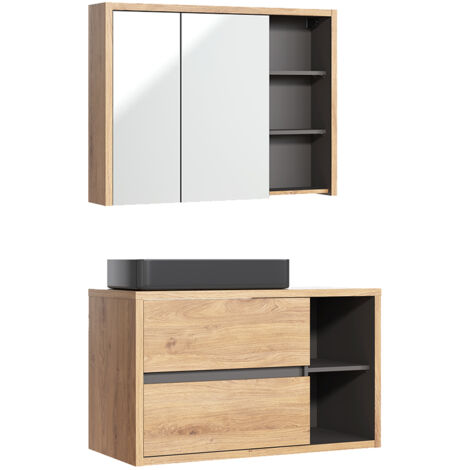 Waschtisch und Hängesäule 100cm Rigel mit 2 Schubladen, Holzoptik und Anthrazit