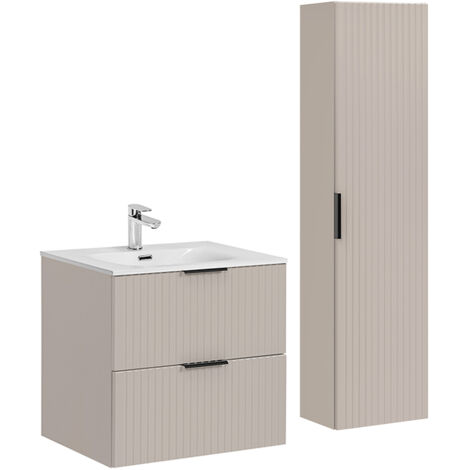 Waschtisch und Hängesäule 60cm Adriel mit 2 Schubladen, Beige