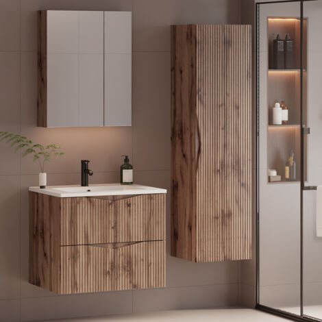 Waschtisch und Hängesäule 60cm Tao mit 2 Schubladen, Holzoptik