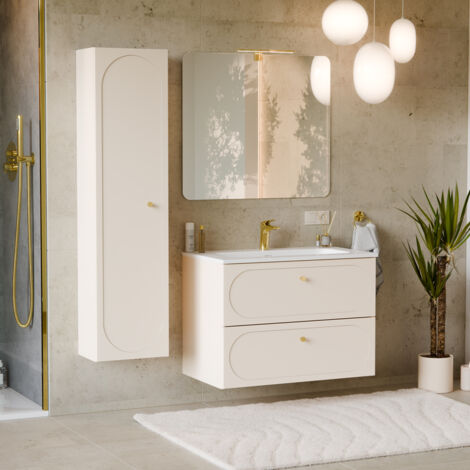 Waschtisch und Hängesäule 80.2cm Sanae mit 2 Schubladen, Sandbeige