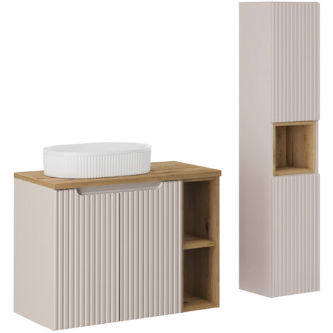 Waschtisch und Hängesäule 80.4cm Riva, Kaschmir und Holzoptik
