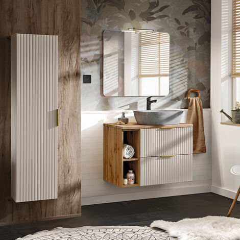 Waschtisch und Hängesäule 80cm Adriel mit 2 Schubladen, Beige