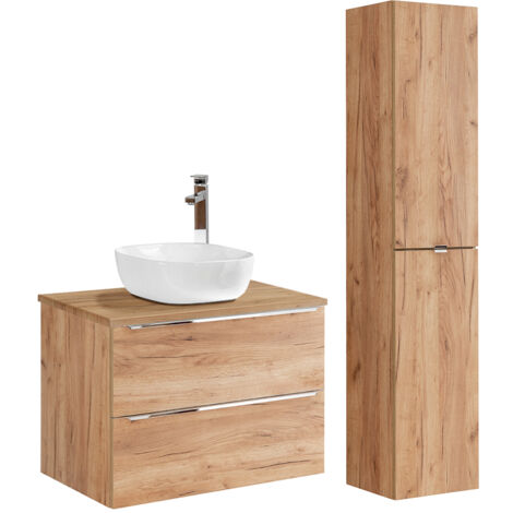 Waschtisch und Hängesäule 80cm April mit 2 Schubladen, Holzoptik