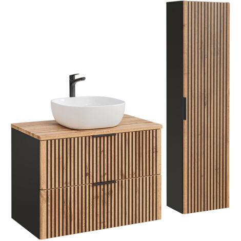 Waschtisch und Hängesäule 80cm Gaia mit 2 Schubladen, Eichenoptik und Schwarz