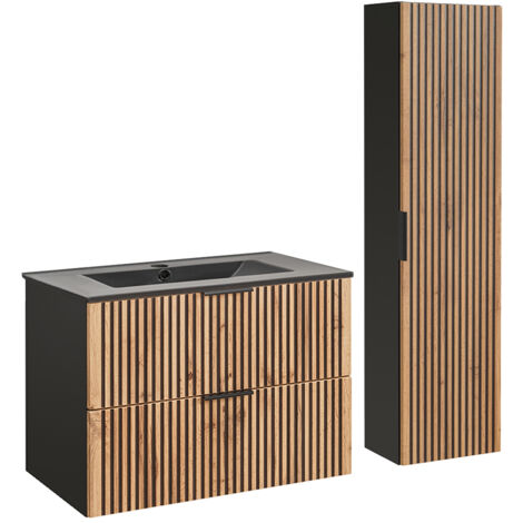 Waschtisch und Hängesäule 80cm Gaia mit 2 Schubladen, Eichenoptik und Schwarz
