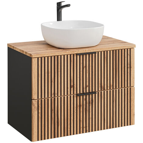 Waschtisch Unterschrank 80 cm mit Aufsatzwaschbecken XANTEN-56 in anthrazit mit Eiche Nb. schwarz gerillt, B/H/T: ca. 80,6/74,2/46,5 cm
