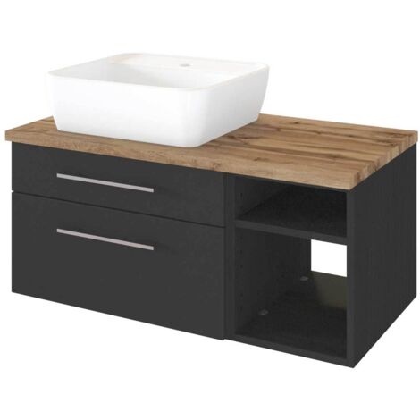 Waschtisch-Unterschrank 90 cm mit Siphonausschnitt Links inkl. Keramik Aufsatzwaschbecken & Regal TAREE-03 in matt grau