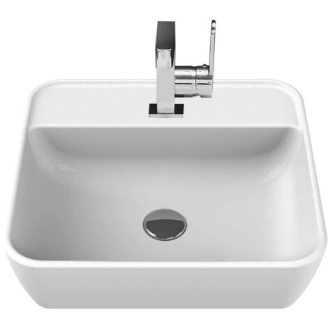 Waschtisch-Unterschrank 90 cm mit Siphonausschnitt Rechts inkl. Keramik Aufsatzwaschbecken & Regal TAREE-03 in matt weiß
