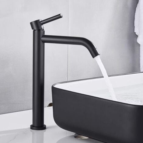 Waschtischarmatur Bad Schwarz Wasserhahn Waschbecken Waschtisch Armatur, Hoher Auslauf Einhebelmischer mit Stickgriff für Badezimmer aus Messing mit Keramikkartusche