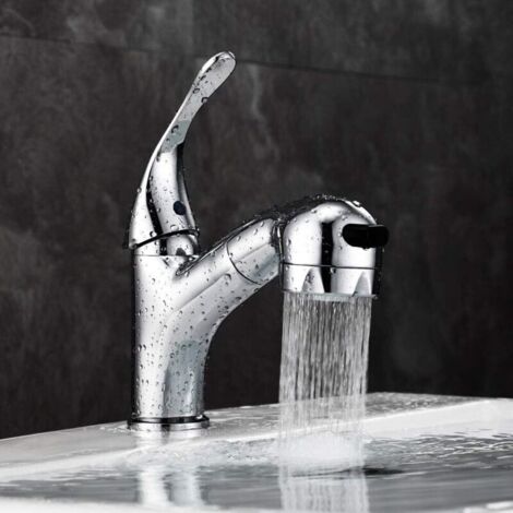 Waschtischarmatur mit Ausziehbrause und zwei Wasserstrahlarten, für Waschbecken oder Waschtischplatte, verstellbare Warm- und Kaltwasser-Mischbatterie, Chrom