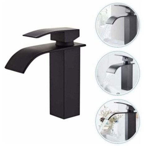 Waschtischarmatur mit zwei Zulaufrohren, Warm- und Kaltwasseranschluss, modernes Wasserfall-Design, robustes Ventilgehäuse aus schwarzem Kupfer