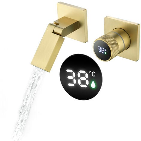 ESIP Waschtischarmatur Wasserfall Wandmontage Wasserhahn Bad Unterputz Armatur aus Messing 2-Loch Badarmatur Mischbatterie Faltbare Auslauf Badewannenhahn Klappbar Wasserhahn für Badezimmer (Brushed Gold)