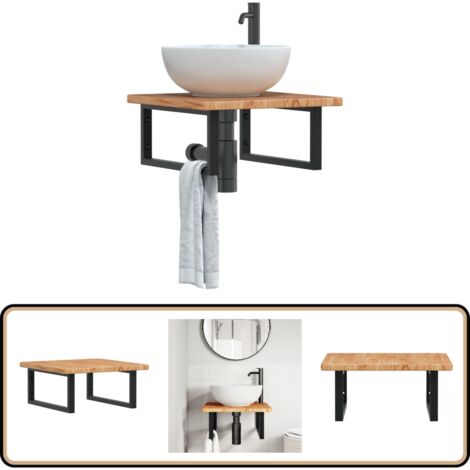 Waschtischplatte mit Halterung Stahl und Massivholz Eiche - Eichenholzwäschetisch - Massivt Holz Waschttisch - Wandhänger Waschtisch - Waschtischplatte Edelstahl - Badezimmer Möbel