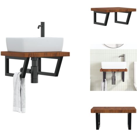 Waschtischplatte mit Halterung Stahl und Massivholz Eiche - Eichenholzwaschtisch - Waschtischplatte Wandmontage - Trapezartige Waschtischplatte - Schwimmendes Badmöbel - Badezimmer Accessoires