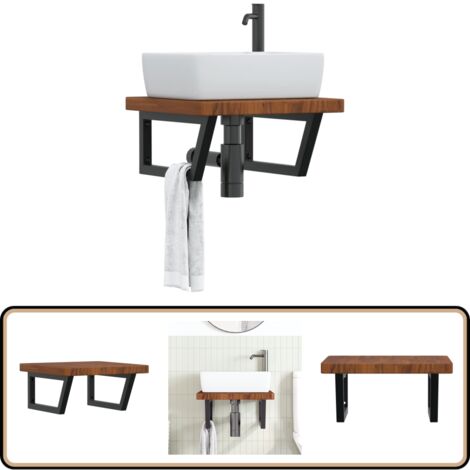 Waschtischplatte mit Halterung Stahl und Massivholz Eiche - Eichenholzwaschtisch - Waschtischplatte Wandmontage - Trapezartige Waschtischplatte - Schwimmendes Badmöbel - Badezimmer Accessoires