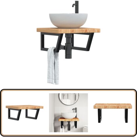 Waschtischplatte mit Halterung Stahl und Massivholz Eiche - Waschtischplatte - Eichenholzwaschtisch - Wandwaschtisch - Badmöbel - Trapeziumförmige Waschtischplatte