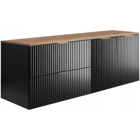 Waschtischunterschrank - 140 cm - Schwarz und Eiche - Modernes Design - gerippte Fronten