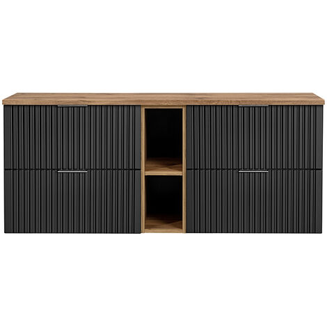 Waschtischunterschrank 140cm ADELAIDE-56-BLACK in matt schwarz mit Eiche Nb., gerillte Front, B/H/T 140,6/59,2/46,5 cm