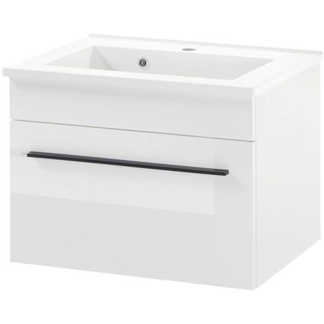 Waschtischunterschrank 60 cm inkl. Mineralgussbecken CHARLESTON-61 in Hochglanz weiß, B/H/T: ca. 60/44/45 cm