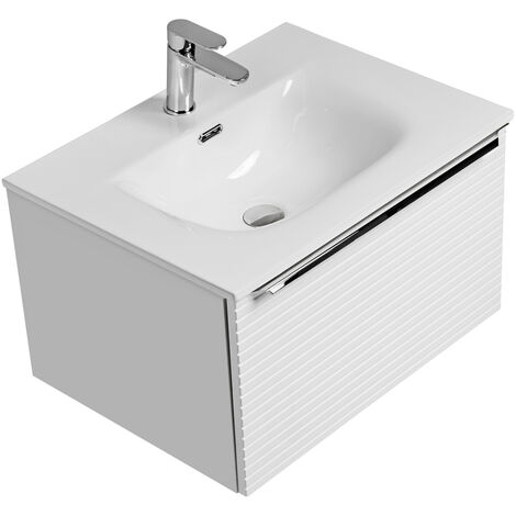 Waschtischunterschrank 60 cm mit Waschbecken aus Keramik LARCIANO-56 in weiß gerilt, B/H/T: 61/41,2/46 cm