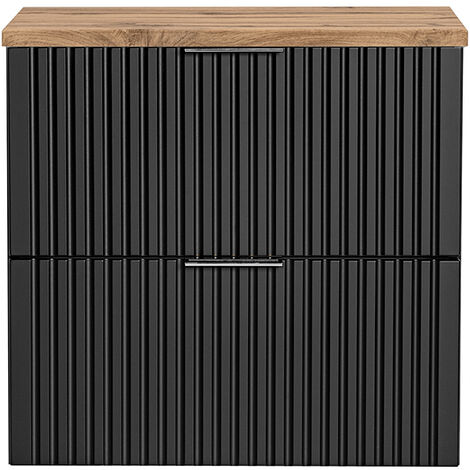 Waschtischunterschrank 60cm ADELAIDE-56-BLACK, matt schwarz mit Eiche Nb., gerillte Front, B/H/T ca. 60,6/59,2/46,5 cm