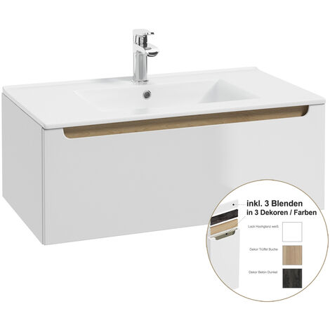 Waschtischunterschrank 80cm Hochglanz weiß lackiert, Keramikbecken SOFIA-107 B/H/T 80/31,5/46 cm