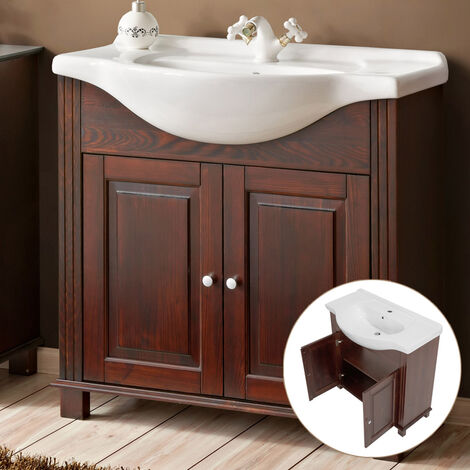 Waschtischunterschrank 85 cm Keramik-Waschbecken Im Landhausstil AVEIRO-56, Pinie Massivholz braun, B/H/T ca. 85/83/49 cm