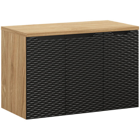 Waschtischunterschrank 90cm in Eiche mit schwarz, OLUO-56-BLACK, Front mit 3D-Struktur in Wellenoptik