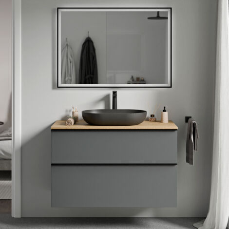 Waschtischunterschrank Bernstein LAVOA 100 cm für Aufsatzwaschbecken - Korpus Anthrazit matt, Metallgriff Schwarz matt, Waschtischplatte Eiche Honiggold