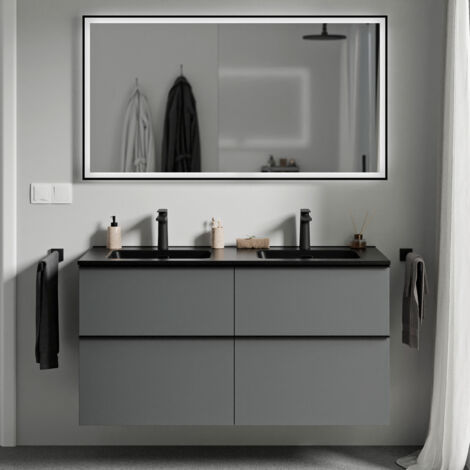 Waschtischunterschrank Bernstein LAVOA 120 cm mit Doppelwaschbecken - Badmöbelfarbe Anthrazit matt, Waschbecken Schwarz matt, Griff Anthrazit matt