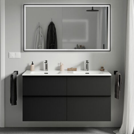 Waschtischunterschrank Bernstein LAVOA 120cm Doppelwaschbecken Badmöbel: Schwarz matt, Waschbecken: Weiß glänzend, Metallgriff: Anthrazit matt
